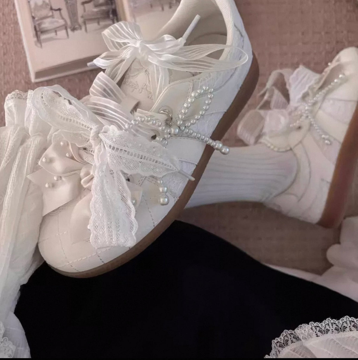 Coquette Pearl Bow Lace Sneakers | Black or White