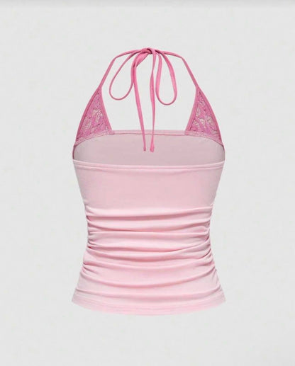 Y2K Vintage Pink Lace Halter Cami Top With Rhinestone Detail