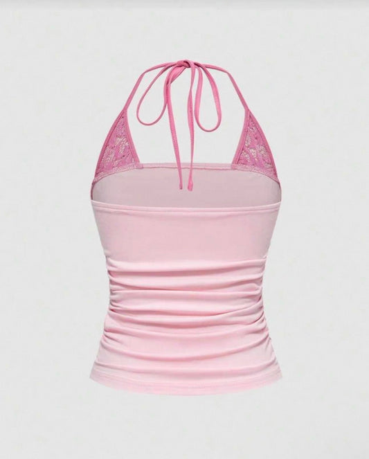 Y2K Vintage Pink Lace Halter Cami Top With Rhinestone Detail