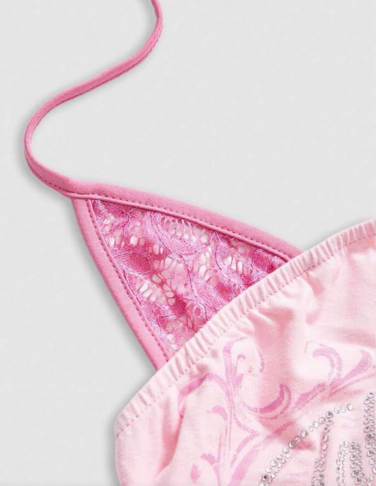 Y2K Vintage Pink Lace Halter Cami Top With Rhinestone Detail