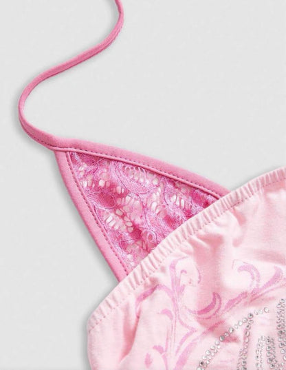 Y2K Vintage Pink Lace Halter Cami Top With Rhinestone Detail