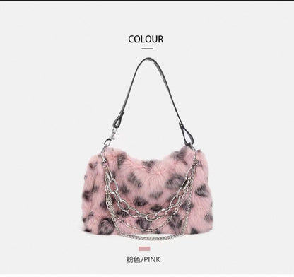 Y2K Pink Leopard Faux Fur Shoulder Bag