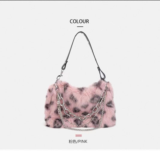 Y2K Pink Leopard Faux Fur Shoulder Bag