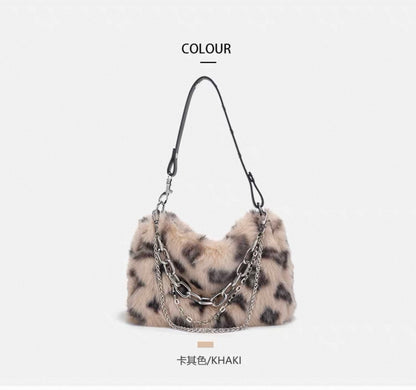 Y2K Pink Leopard Faux Fur Shoulder Bag