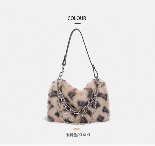 Y2K Pink Leopard Faux Fur Shoulder Bag