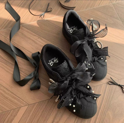 Coquette Pearl Bow Lace Sneakers | Black or White
