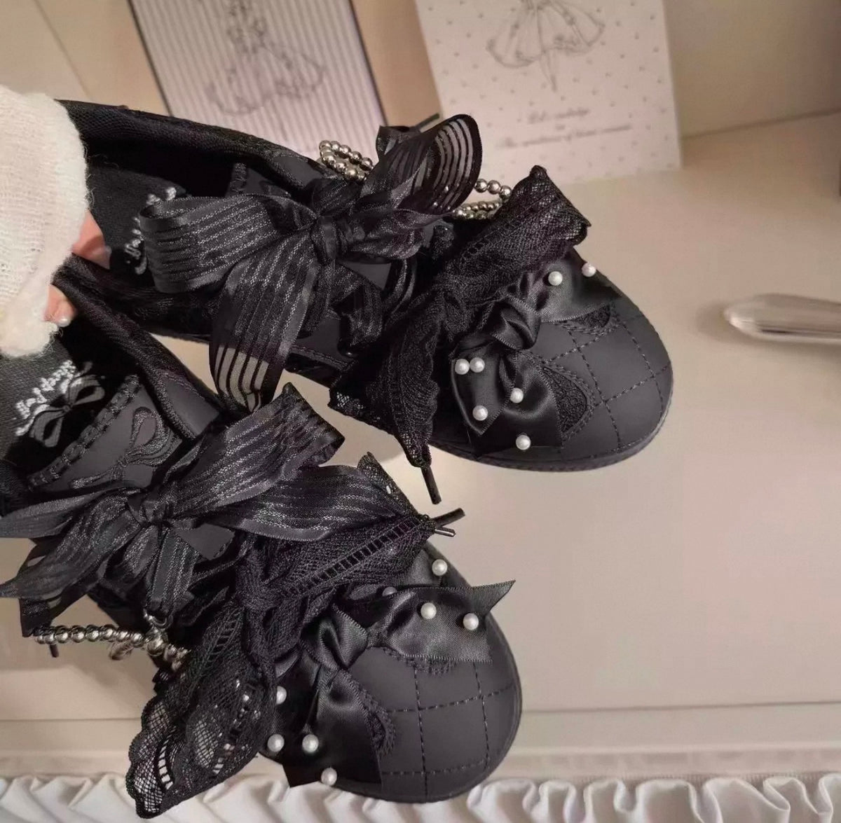 Coquette Pearl Bow Lace Sneakers | Black or White