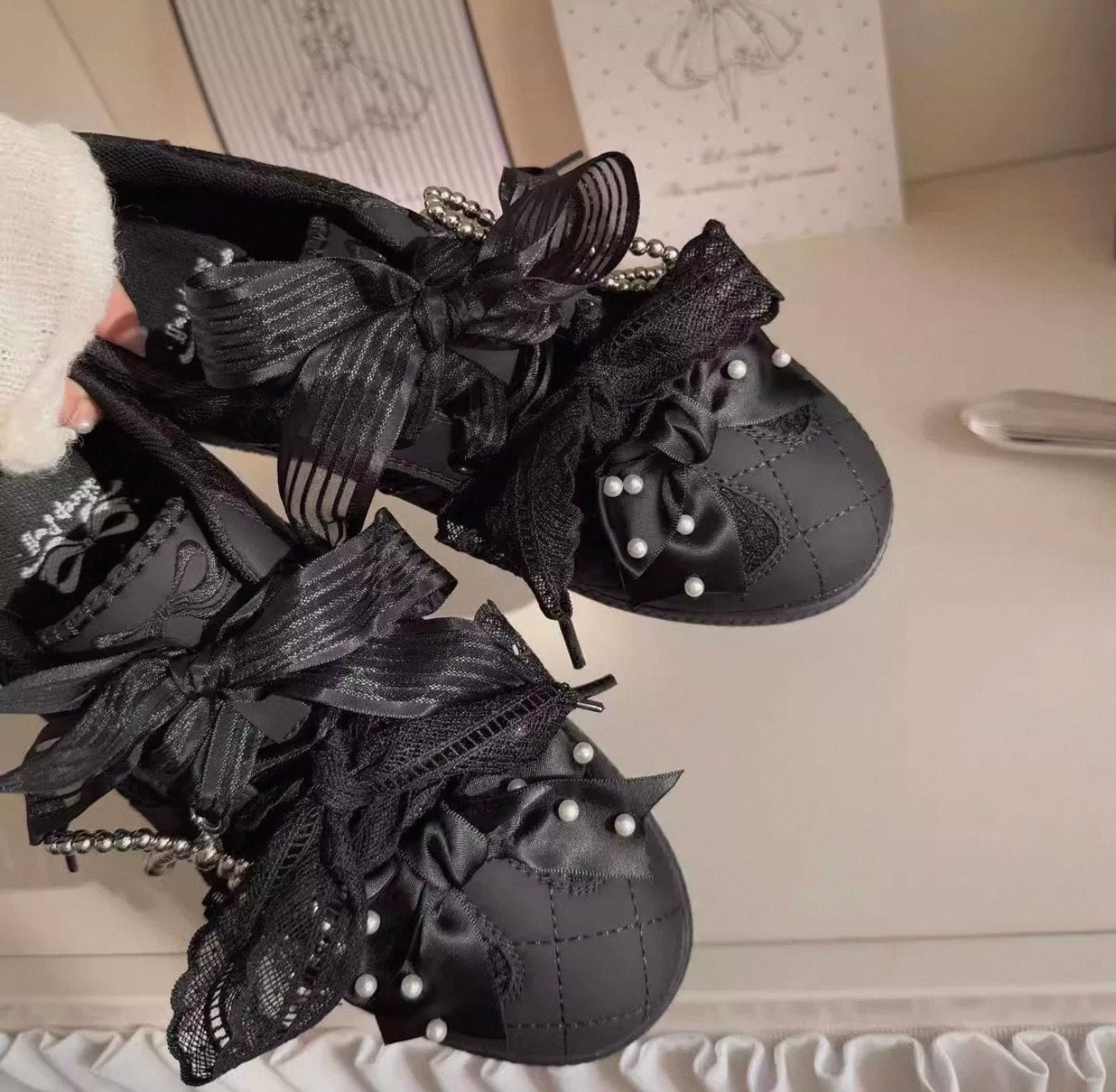 Coquette Pearl Bow Lace Sneakers | Black or White