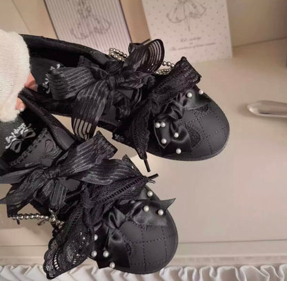 Coquette Pearl Bow Lace Sneakers | Black or White