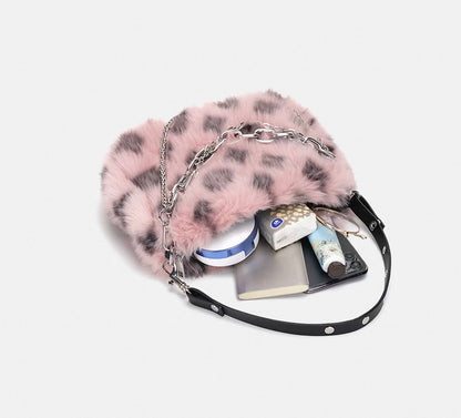 Y2K Pink Leopard Faux Fur Shoulder Bag