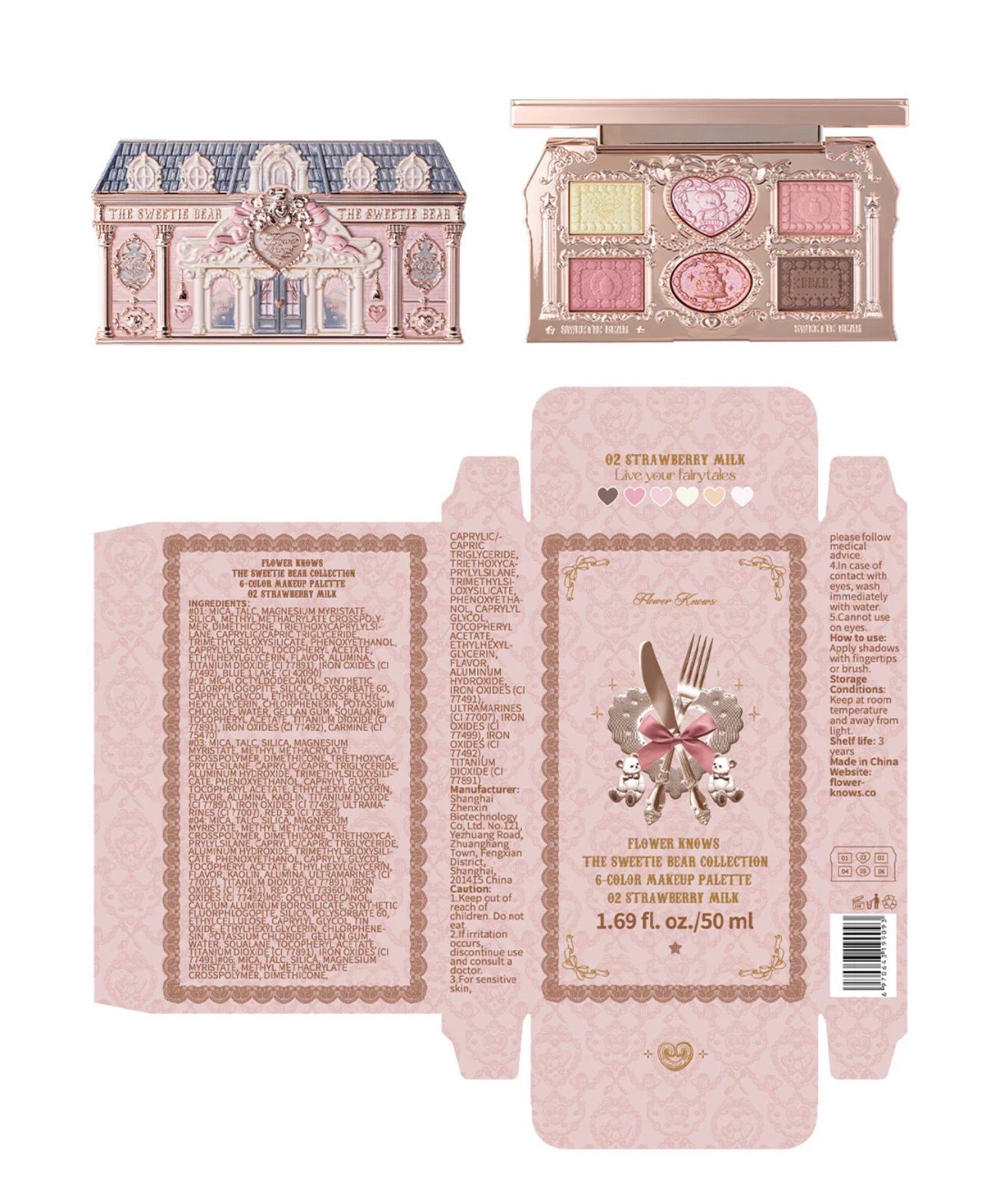 FlowerKnows Sweetie Bear 6-Color Makeup Palette 02 Strawberry Milk Palette | Bunni Beauty