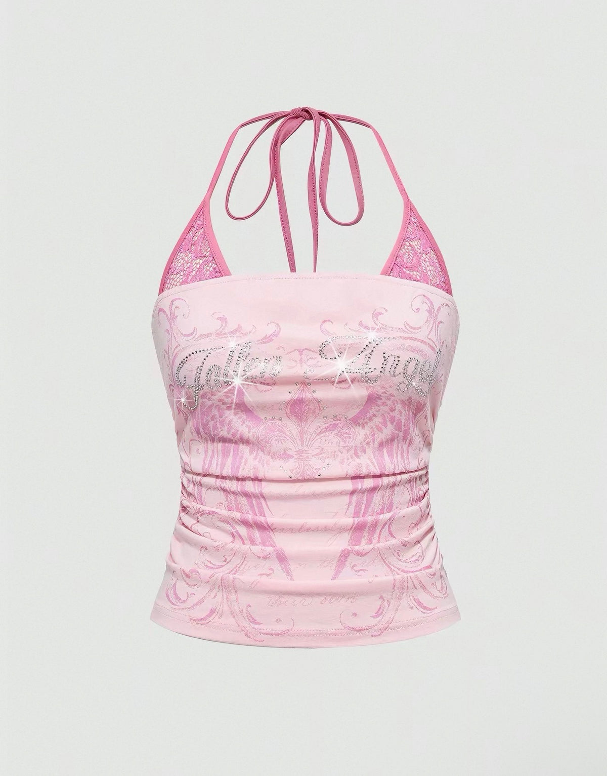 Y2K Vintage Pink Lace Halter Cami Top With Rhinestone Detail