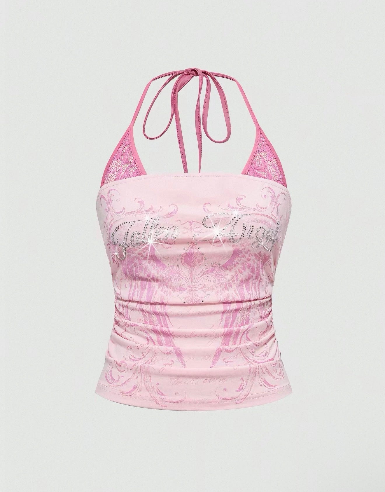 Y2K Vintage Pink Lace Halter Cami Top With Rhinestone Detail