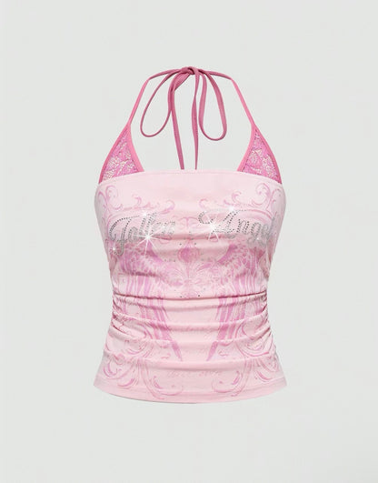 Y2K Vintage Pink Lace Halter Cami Top With Rhinestone Detail
