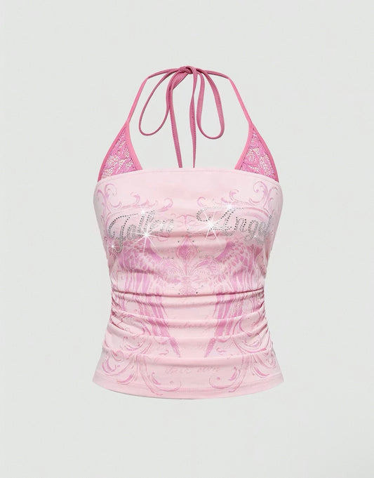 Y2K Vintage Pink Lace Halter Cami Top With Rhinestone Detail